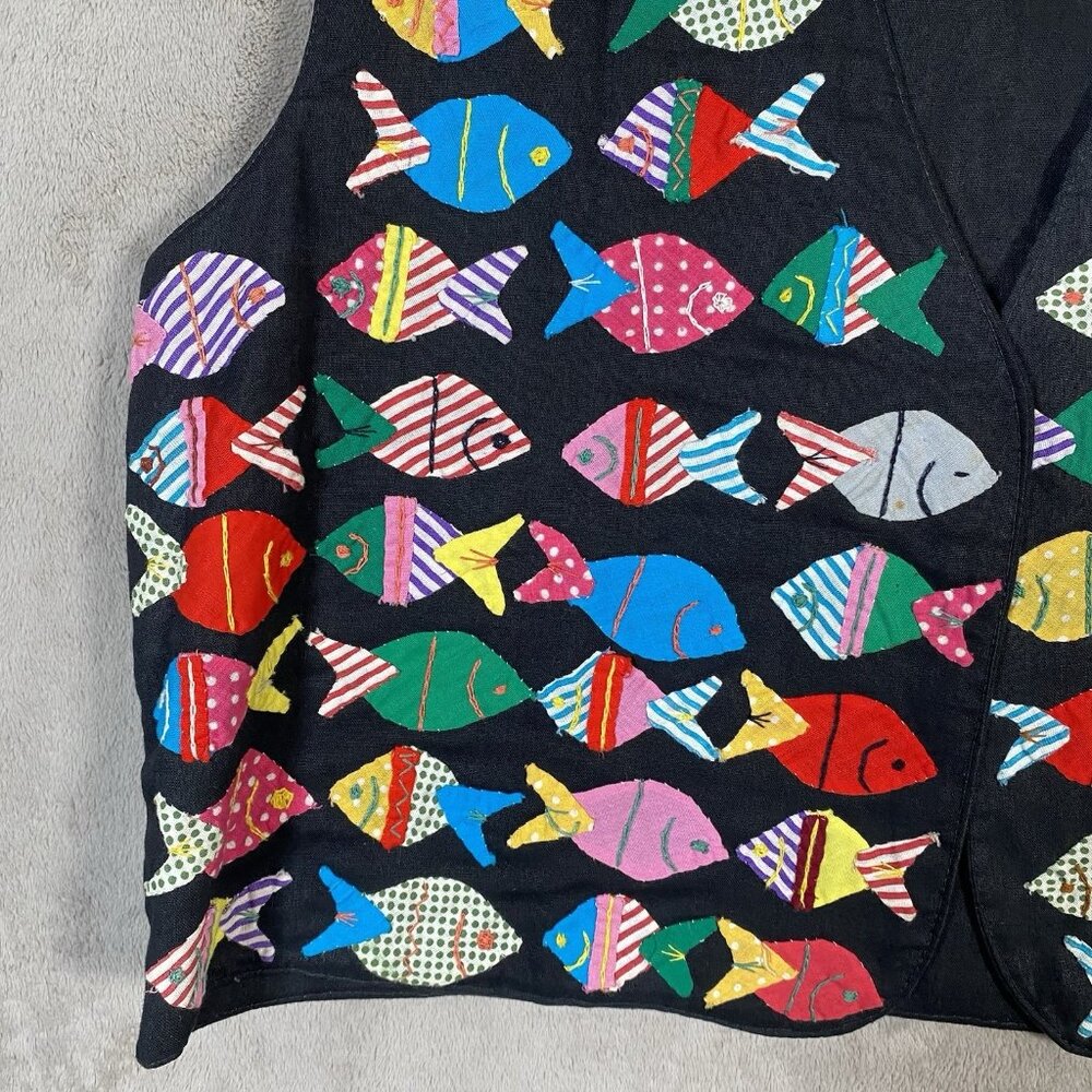 Vintage Artisan Fish Applique Vest M Folk Art to Wear Novelty Patchwork Colorful - Picture 5 of 15